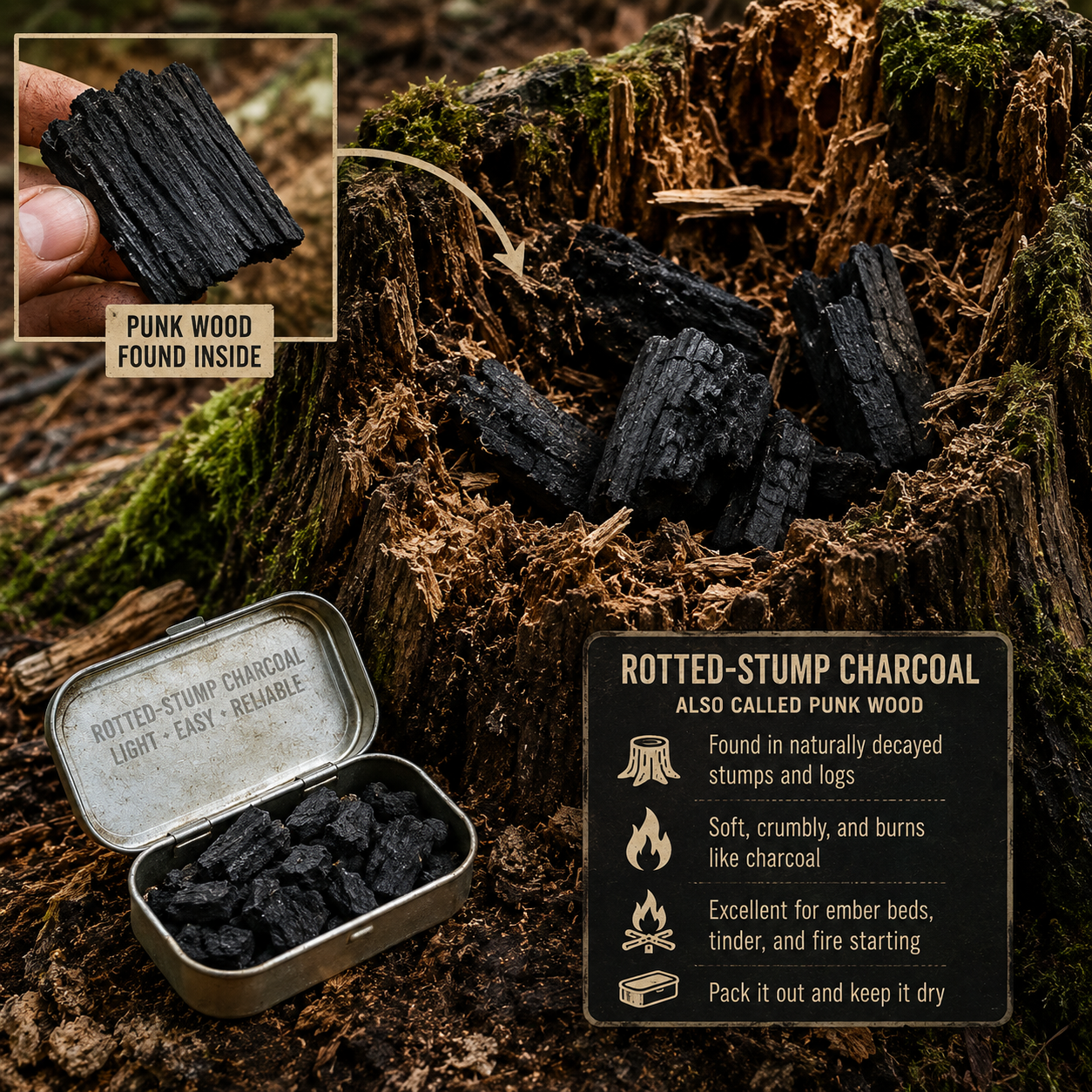 Rotted-stump charcoal, also called punk wood, shown inside a decayed mossy stump with charred pieces stored in a small metal tin.