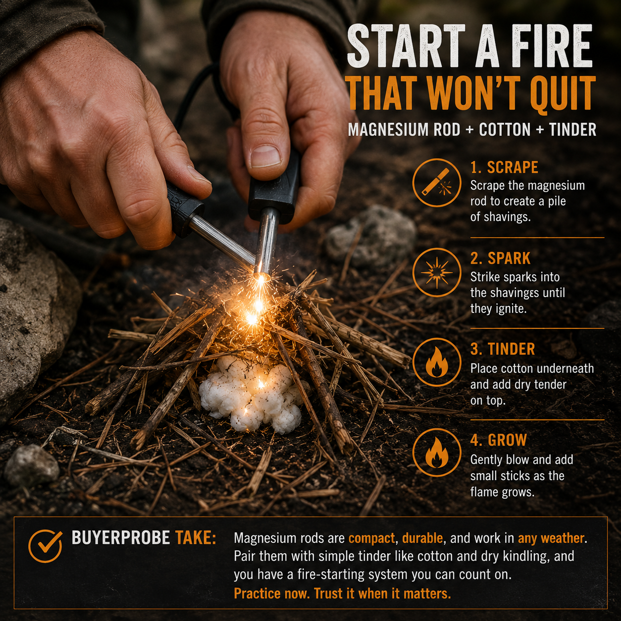 Close-up image of a person using a magnesium rod to spark cotton tinder under small dry sticks, with a BuyerProbe Take callout about reliable fire starting.