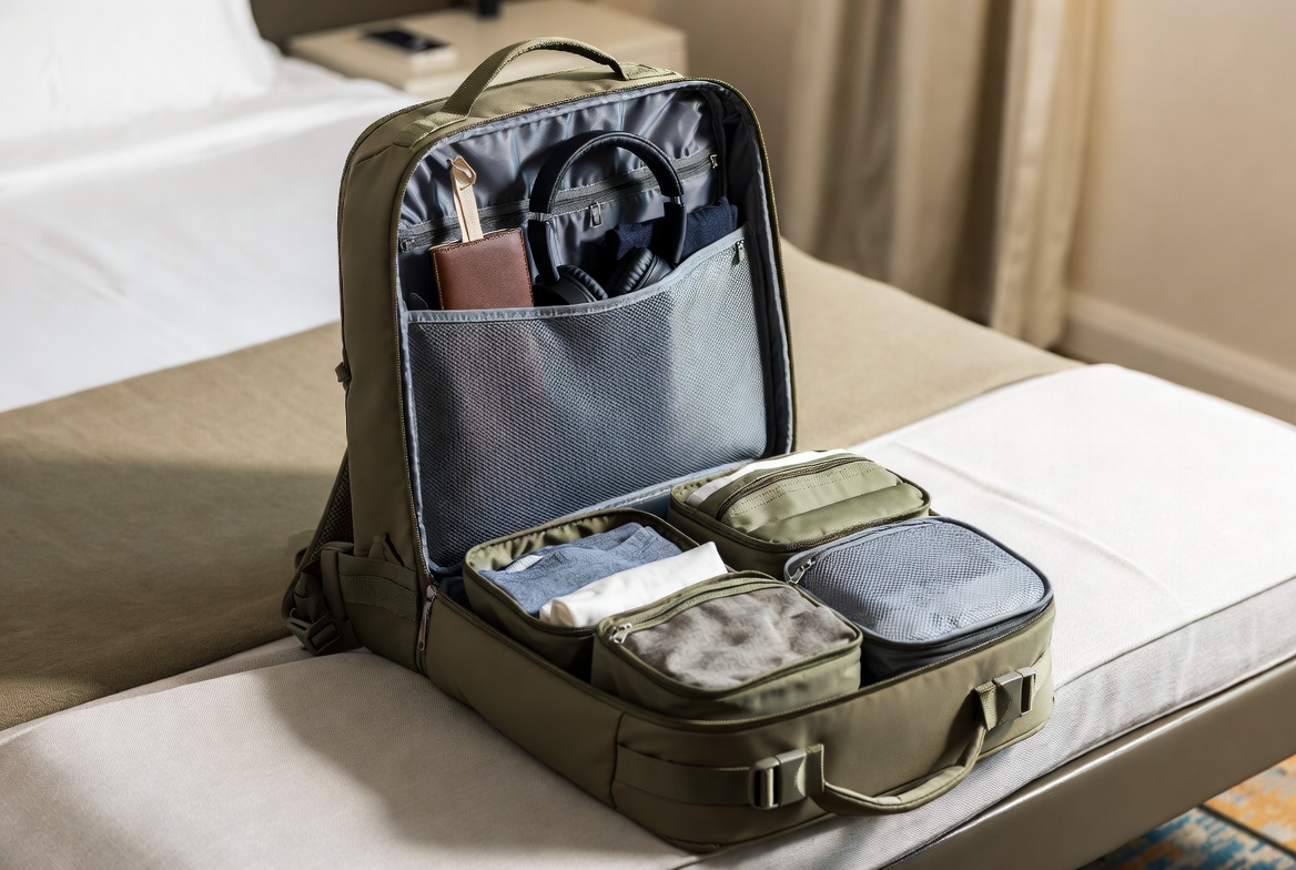 Backpack features including capacity, straps, zippers, compartments, and water-resistant fabric
