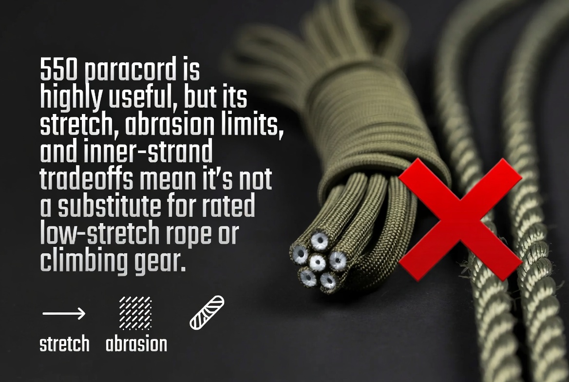 Length of 550 paracord showing frayed inner strands beside a hammock suspension point