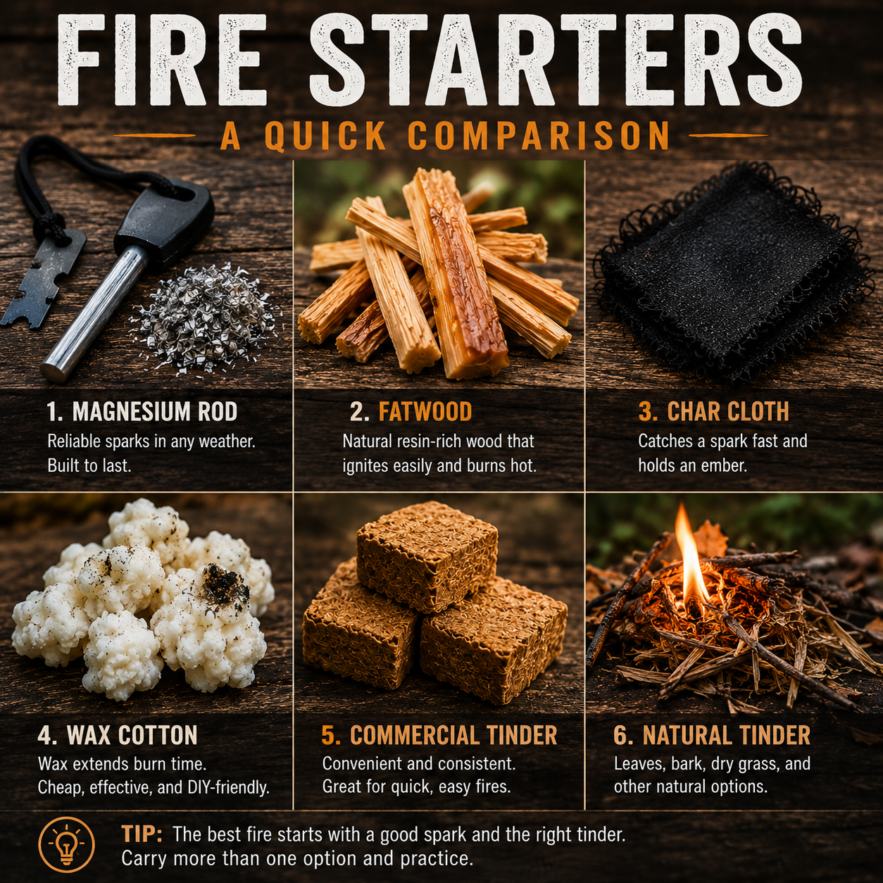 Square infographic comparing six fire starter options: magnesium rod, fatwood, char cloth, wax cotton, commercial tinder, and natural tinder on a rustic wood background.