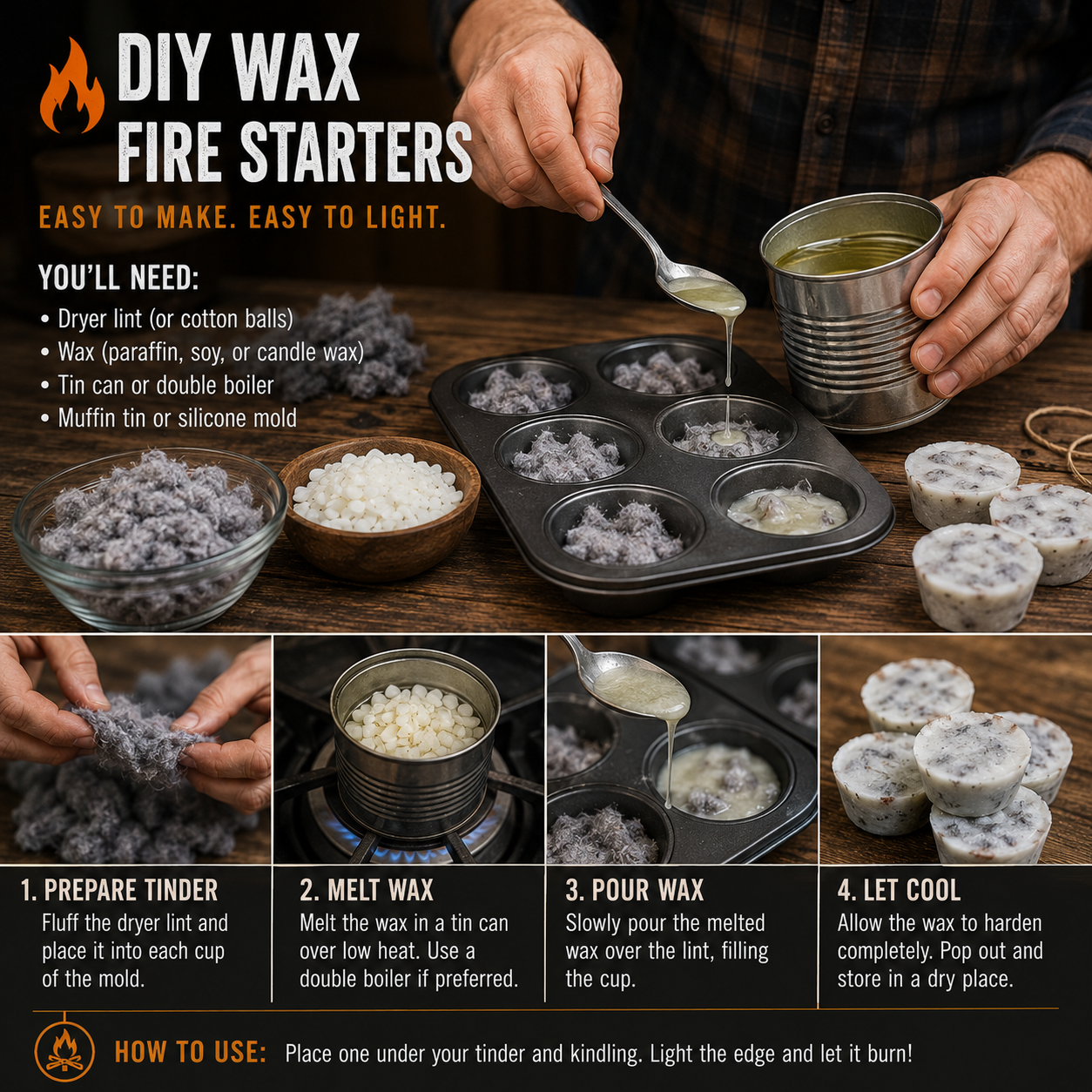 Person making DIY wax fire starters by pouring melted wax over dryer lint in a muffin tin, with finished wax tinder pucks shown on a wooden workbench.