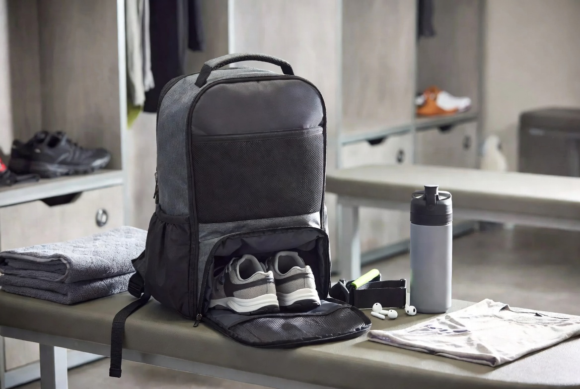 Gym backpack with shoe compartment for workout clothes, towel, and water bottle