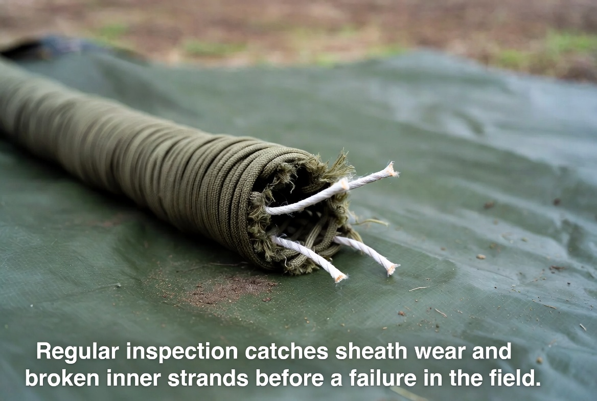 Close-up of frayed 550 paracord on a campsite groundsheet
