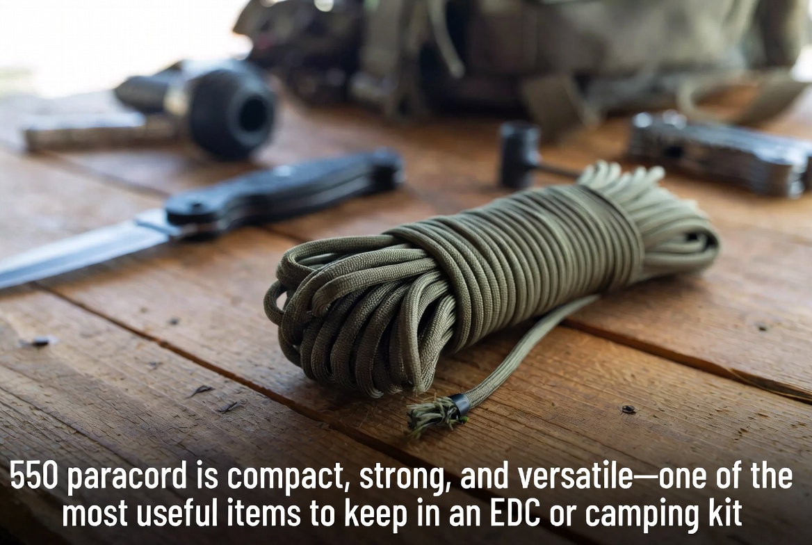 Coiled 550 paracord next to camping gear on a wooden table